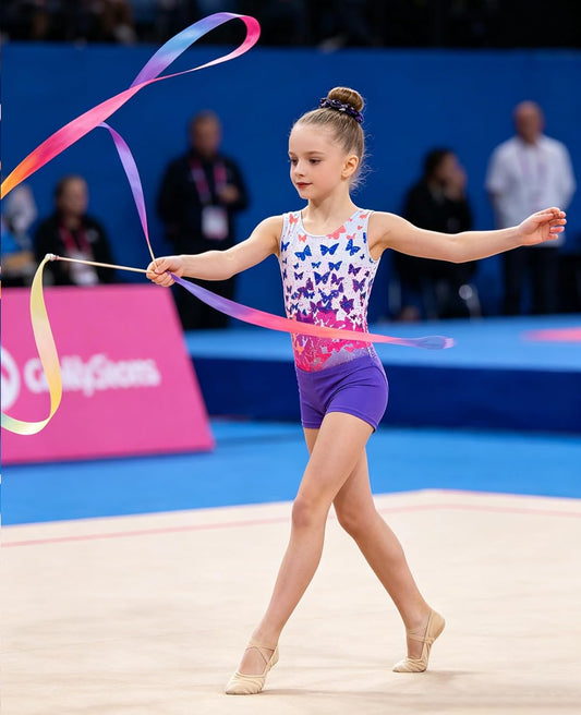 uideazone Gymnastic Leotard for Girls Sparkly Dance Unitards with Shorts and Hair Scrunchie 3Pcs Gym Set for 4-11 Years