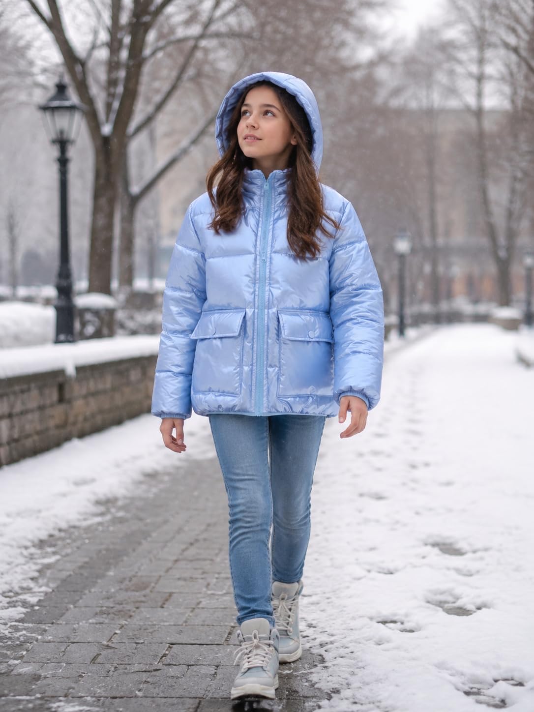 Funnycokid Girls Winter Coat Metallic Shiny Hooded Puffer Jacket 7-14Y