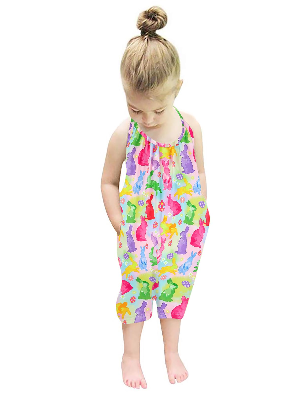 Backless Strap Slouch Jumpsuit for Toddler Girls Cute Harem Halter Romper Pants with Pockets