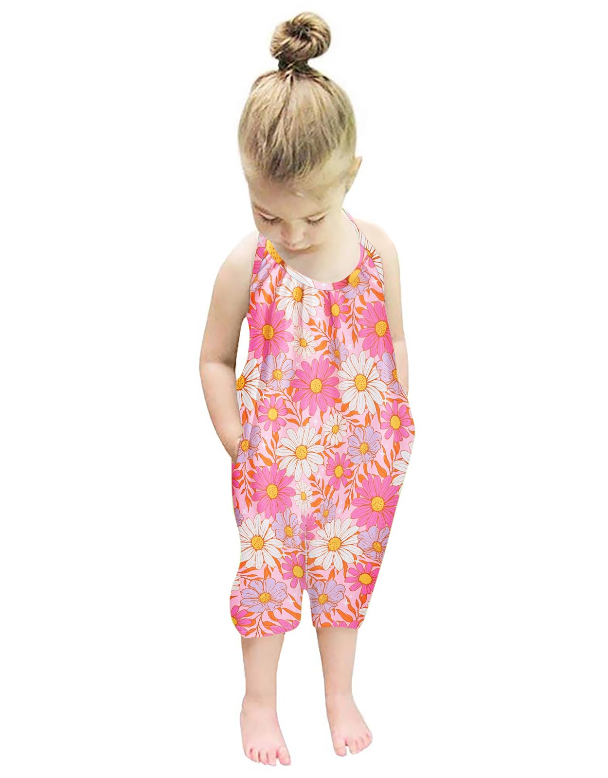 Backless Strap Slouch Jumpsuit for Toddler Girls Cute Harem Halter Romper Pants with Pockets