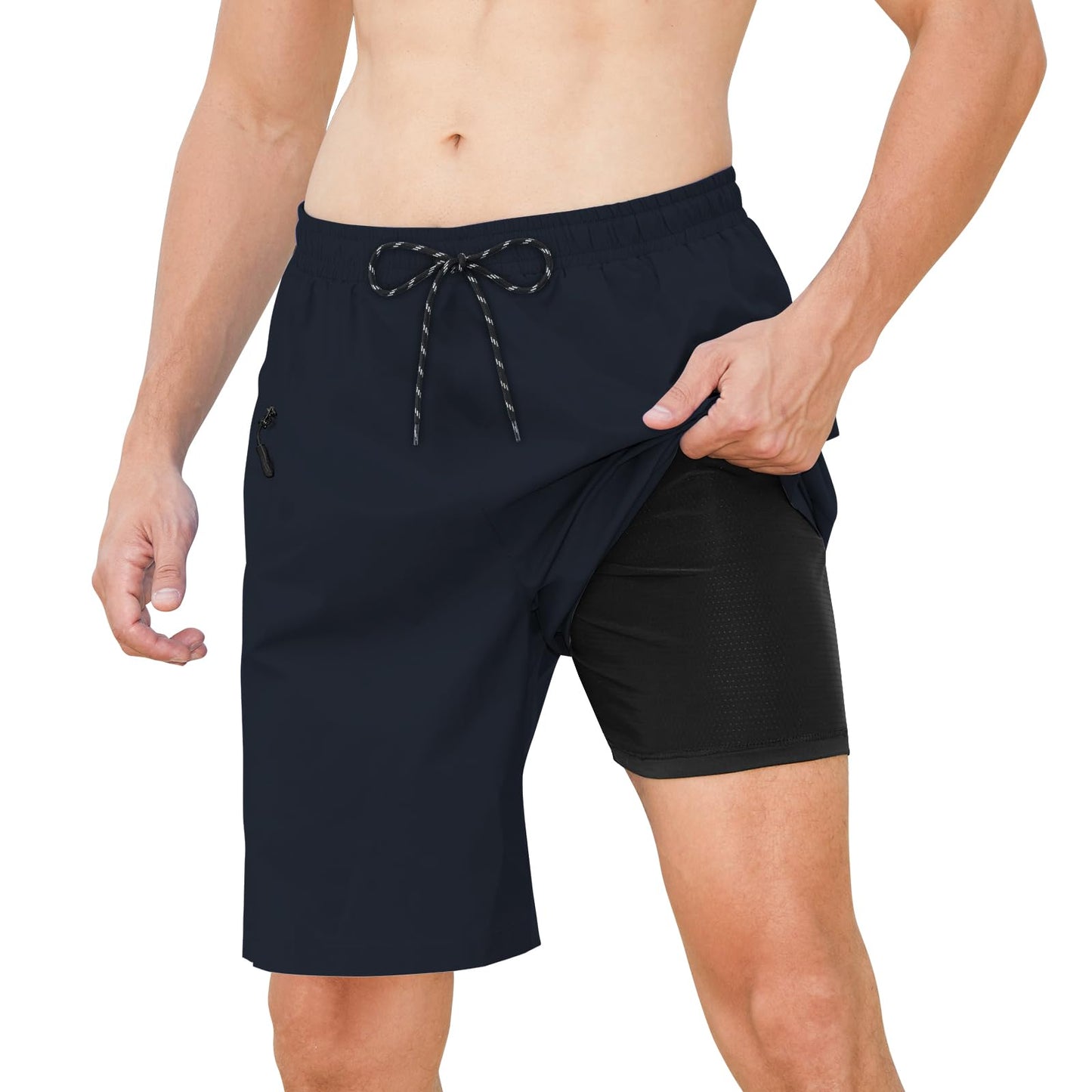 Cozople Mens Swim Trunks with Compression Liner 2-in-1 Quick Dry 9 Inch Board Shorts with Zipper Pockets