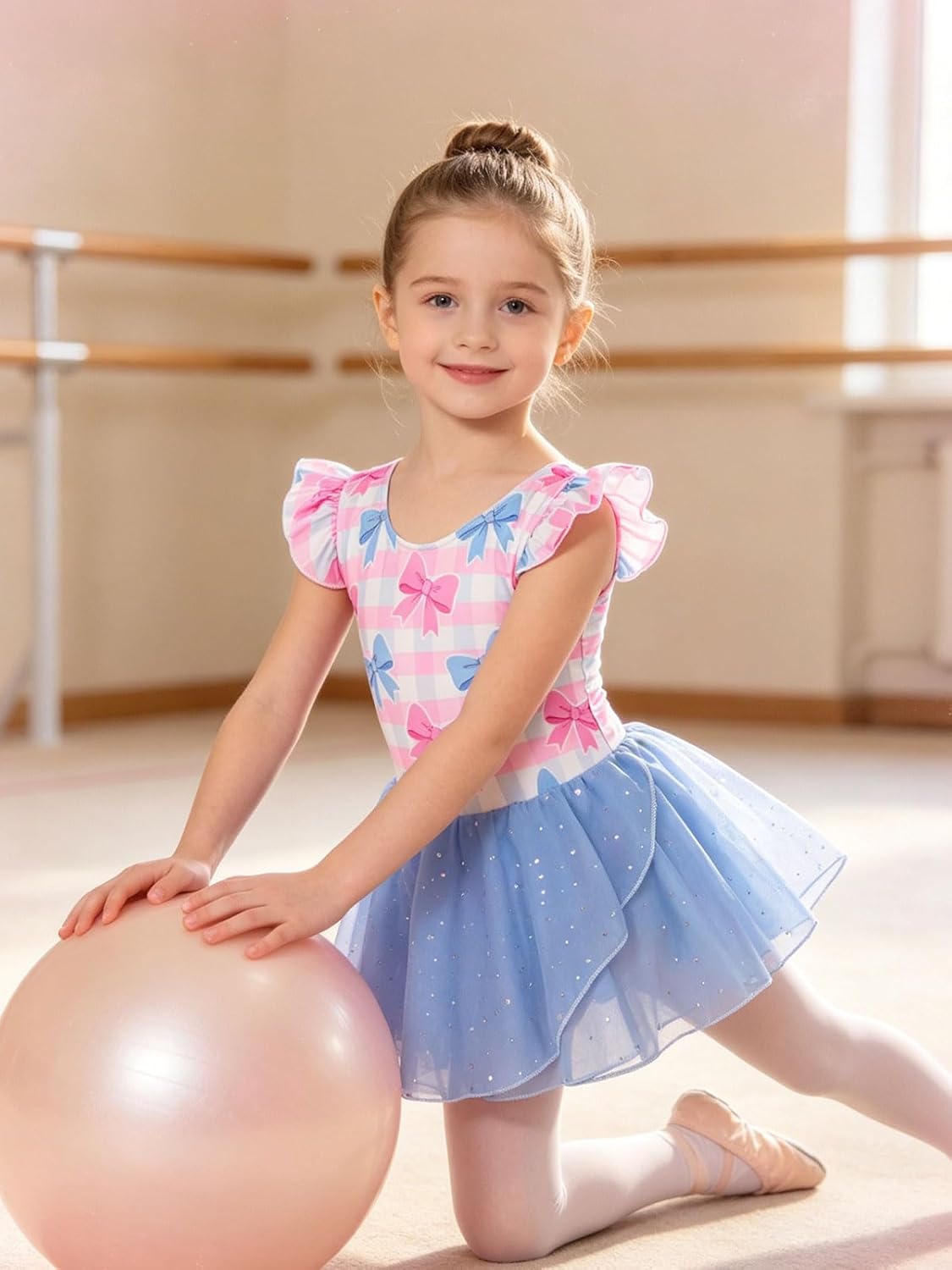 Funnycokid Girls Ruffle Sleeve Ballet Dance Leotard with Sparkly Chiffon Skirted Ballerina Outfit 2-9 Years