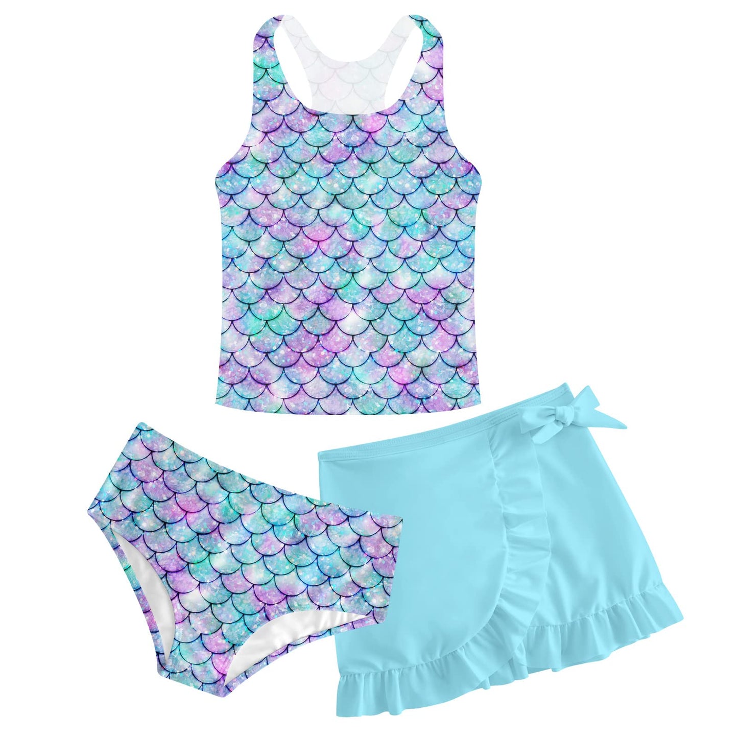 Girls Swimsuits 3 Piece Tankini Bathing Suit Set Cute Bikini Swimwear with Cover Ups Beach Skirt 5-16 Years