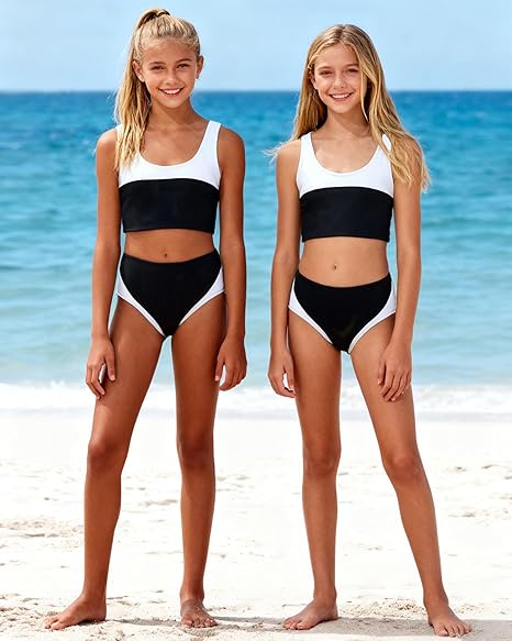 Kids4ever Girls Swimsuit 2 Piece Color Block Teen Bathing Suit Girl's Bikini Set Size 9-16Y