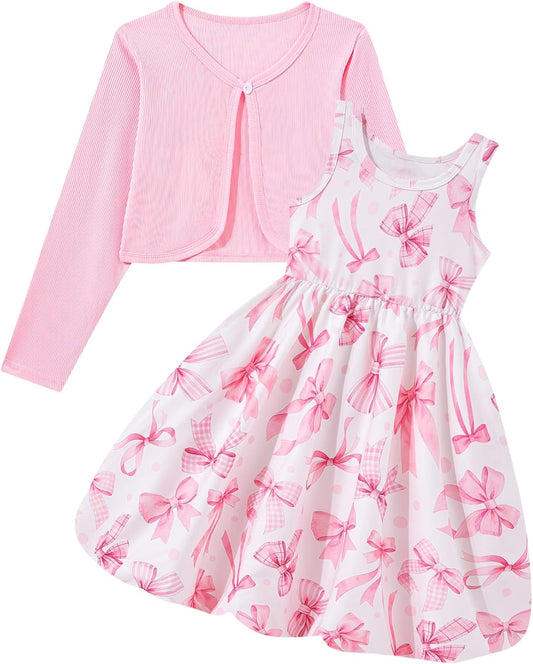 RAISEVERN 7-14Y Girls Bubble Dress with Pockets and Cardigan 2 Piece Set | Tween Trendy Clothes, Kids Graduation Dresses for Girl, Skin-Friendly Fabric, Ideal for Gift, Picture Day Outfits for School