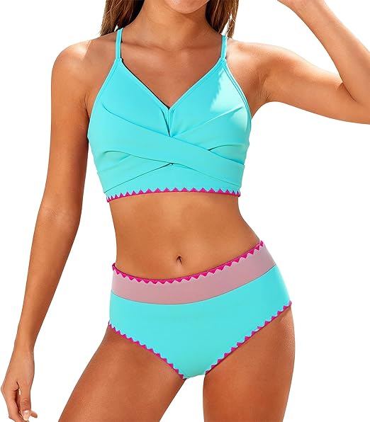 Kids4ever Girls Swimsuit 2 Piece Color Block Teen Bikini Sets with Adjustable Straps Bathing Suit Size 9-16Y