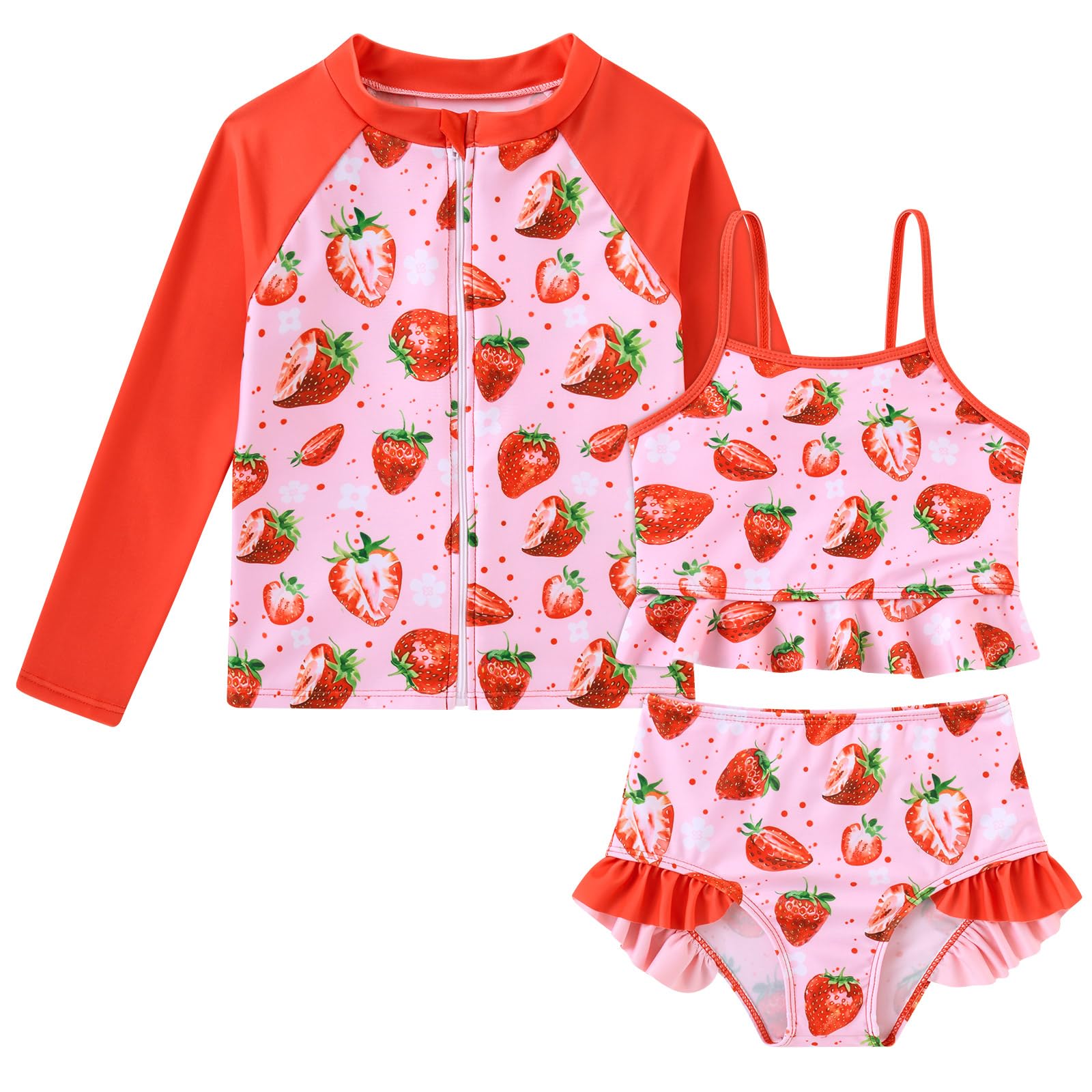 Funnycokid Girls Swimsuit Kids Bathing Suit 3-7 Years Rashguard Swimwear Long Sleeve 3 Piece Toddler