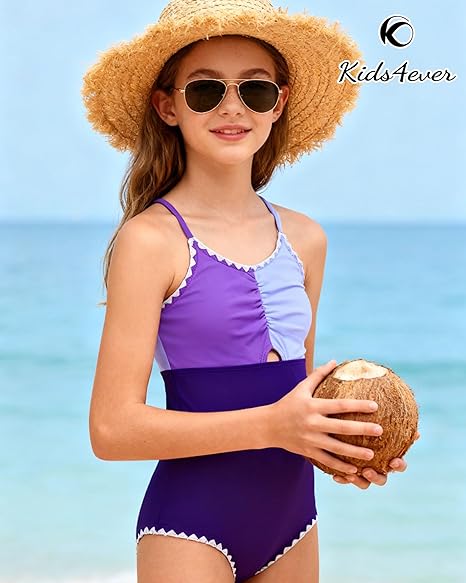 Kids4ever Girls One Piece Swimsuits Contrast Trim Summer Cute Bathing Suits 9-16Y