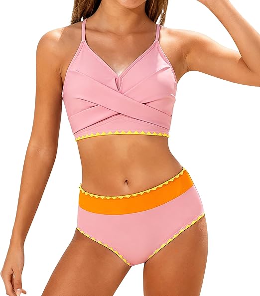 Kids4ever Girls Swimsuit 2 Piece Color Block Teen Bikini Sets with Adjustable Straps Bathing Suit Size 9-16Y