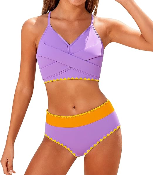 Kids4ever Girls Swimsuit 2 Piece Color Block Teen Bikini Sets with Adjustable Straps Bathing Suit Size 9-16Y