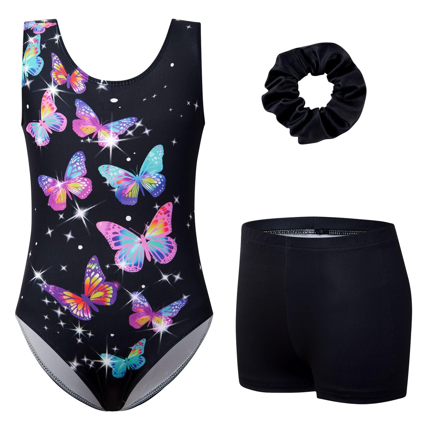 uideazone Gymnastic Leotard for Girls Sparkly Dance Unitards with Shorts and Hair Scrunchie 3Pcs Gym Set for 4-11 Years