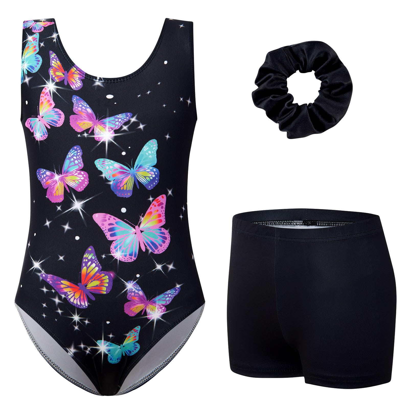 uideazone Gymnastic Leotard for Girls Sparkly Dance Unitards with Shorts and Hair Scrunchie 3Pcs Gym Set for 4-11 Years