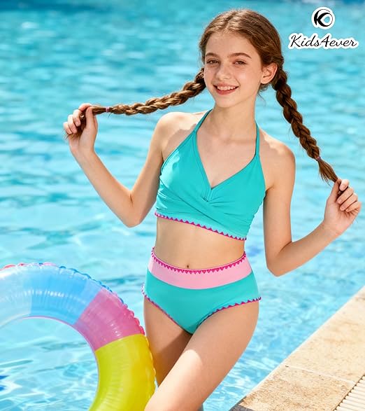 Kids4ever Girls Swimsuit 2 Piece Color Block Teen Bikini Sets with Adjustable Straps Bathing Suit Size 9-16Y