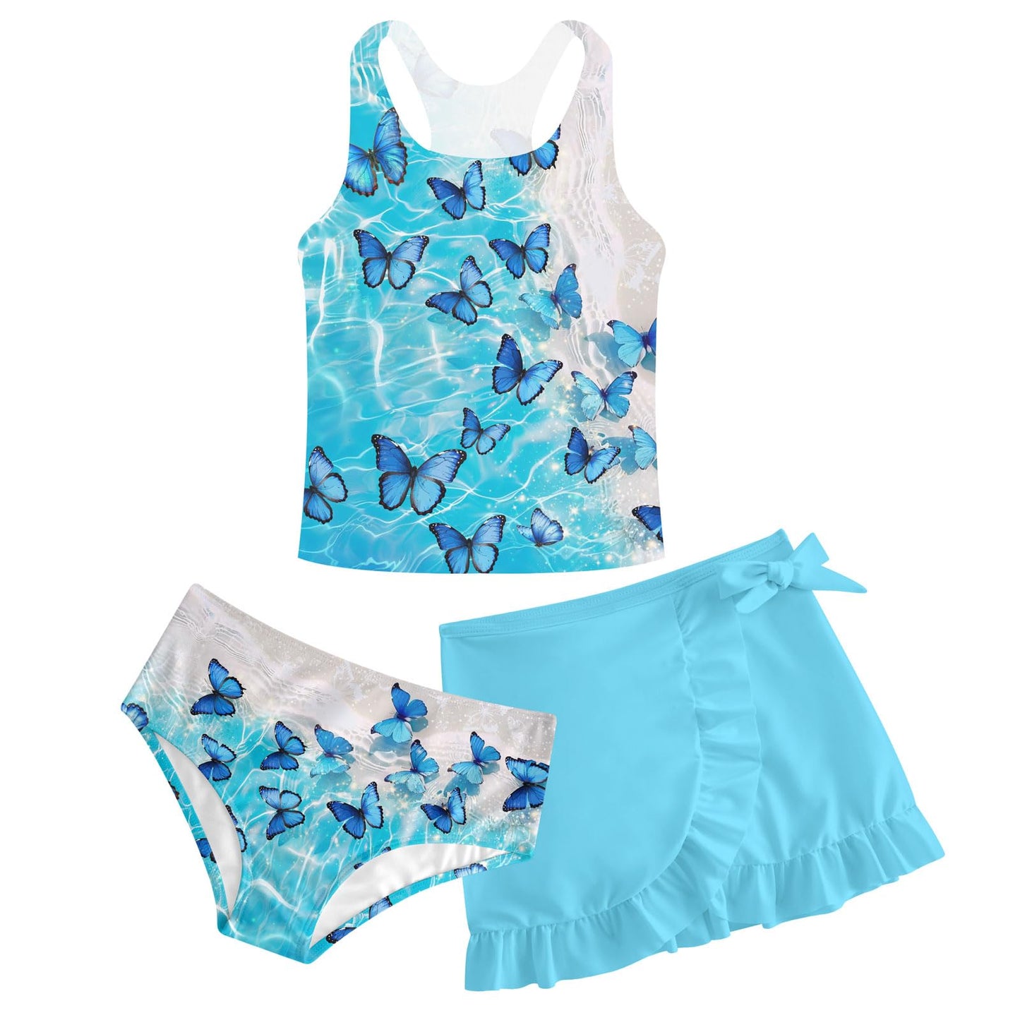 Girls Swimsuits 3 Piece Tankini Bathing Suit Set Cute Bikini Swimwear with Cover Ups Beach Skirt 5-16 Years