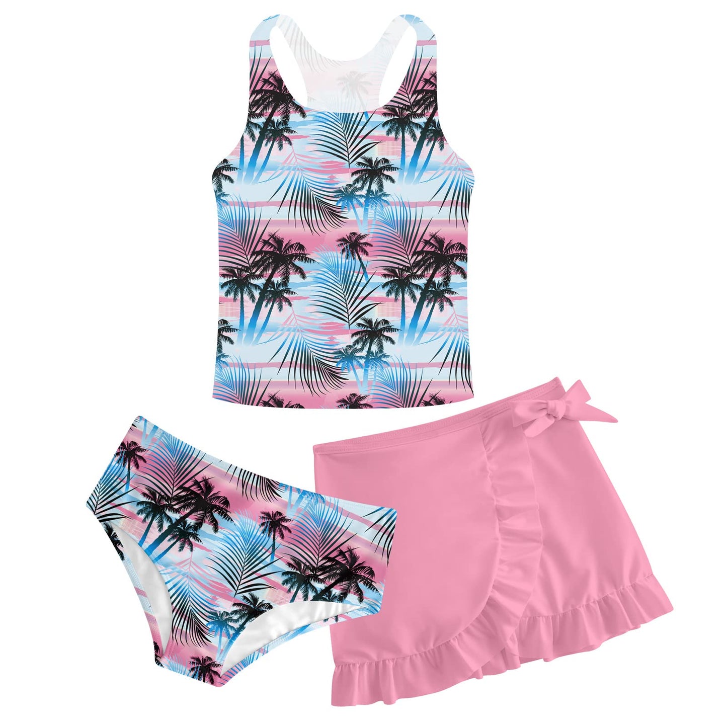 Girls Swimsuits 3 Piece Tankini Bathing Suit Set Cute Bikini Swimwear with Cover Ups Beach Skirt 5-16 Years