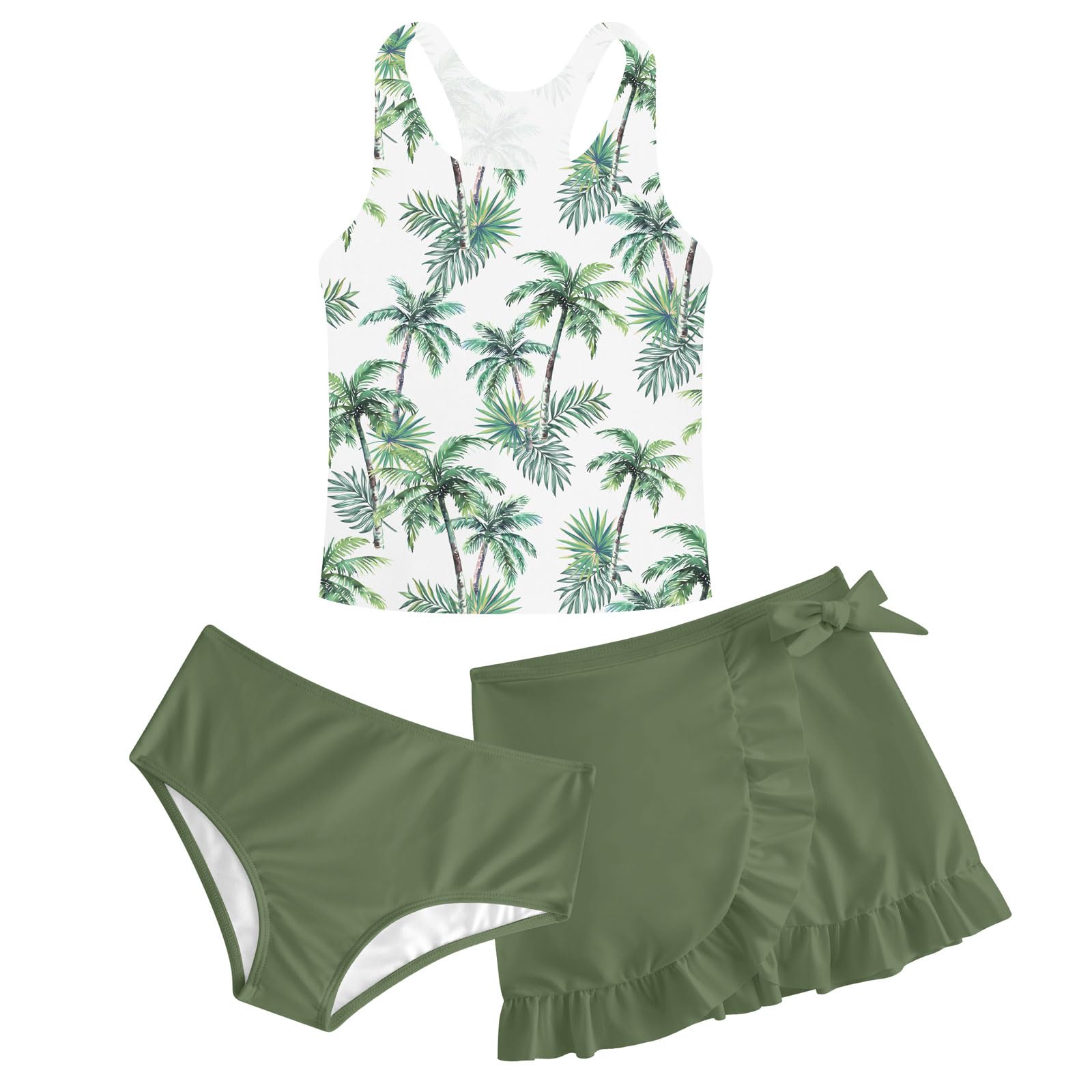 Girls Swimsuits 3 Piece Tankini Bathing Suit Set Cute Bikini Swimwear with Cover Ups Beach Skirt 5-16 Years