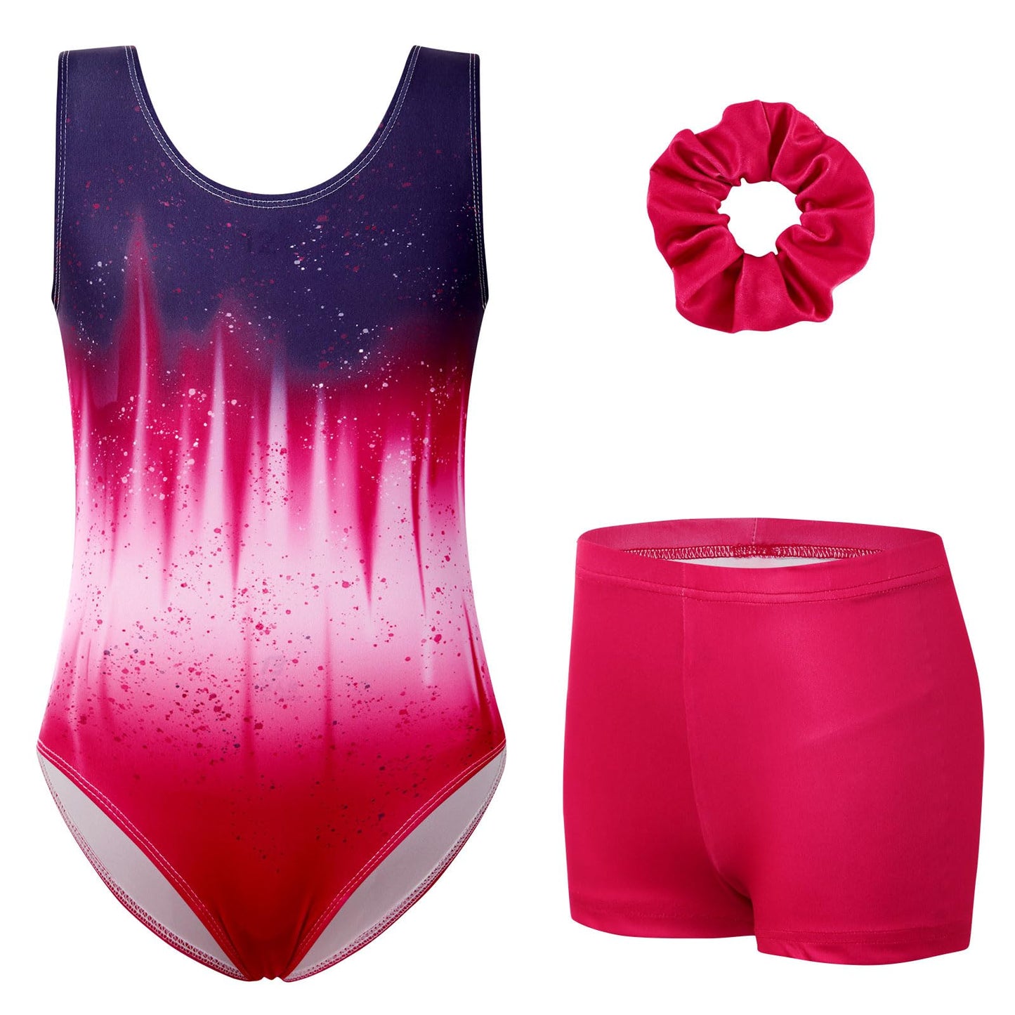uideazone Gymnastic Leotard for Girls Sparkly Dance Unitards with Shorts and Hair Scrunchie 3Pcs Gym Set for 4-11 Years