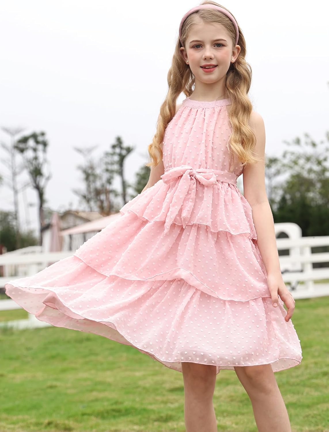 Move Dance Girls Summer Dress Tween Halter Neck Flared A-Line Swiss Dot Chiffon Sundress 6-13 Years