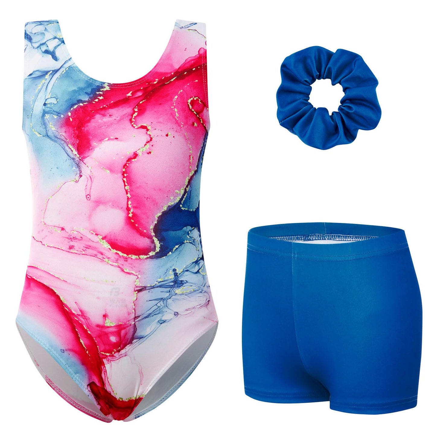 uideazone Gymnastic Leotard for Girls Sparkly Dance Unitards with Shorts and Hair Scrunchie 3Pcs Gym Set for 4-11 Years