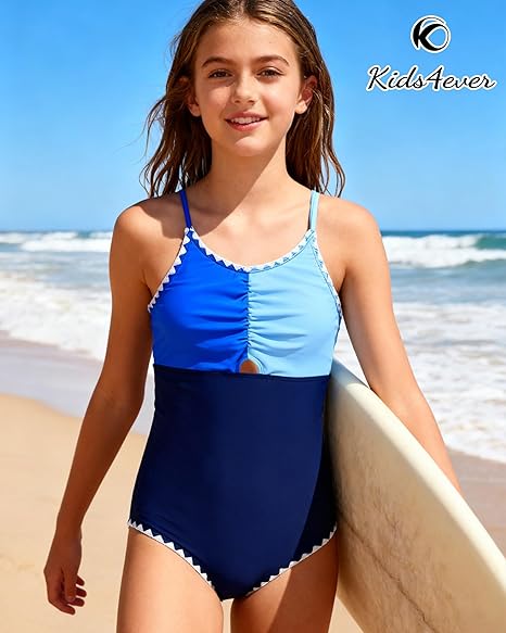 Kids4ever Girls One Piece Swimsuits Contrast Trim Summer Cute Bathing Suits 9-16Y