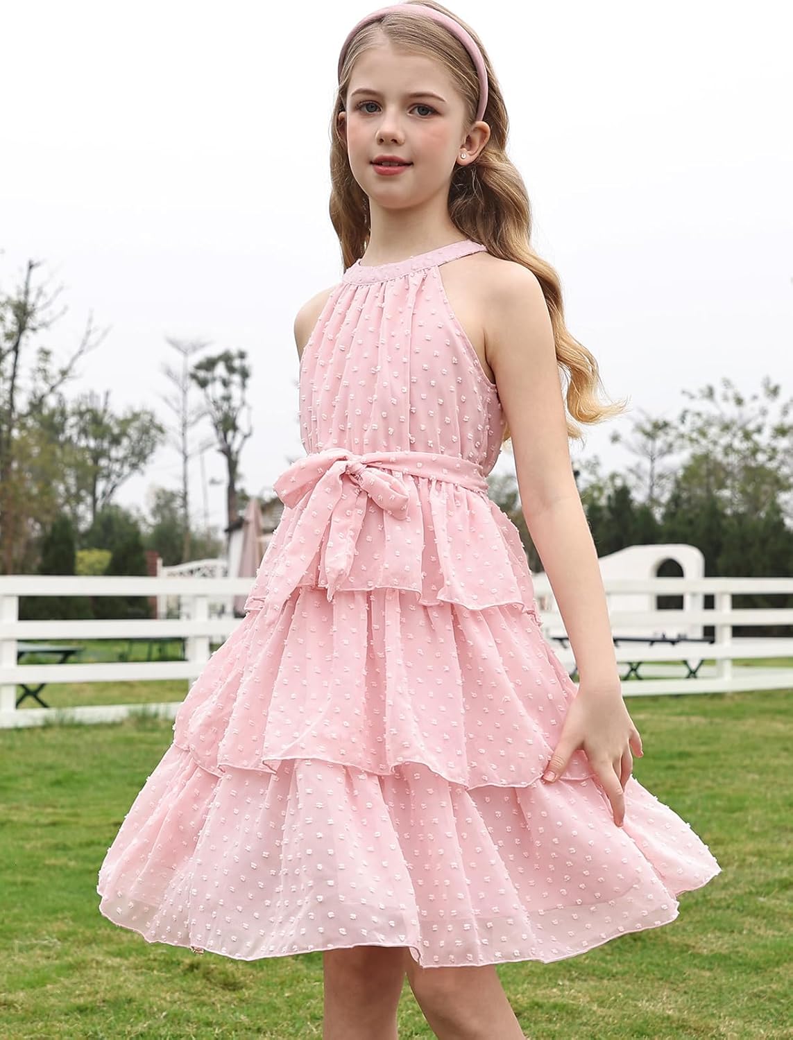 Move Dance Girls Summer Dress Tween Halter Neck Flared A-Line Swiss Dot Chiffon Sundress 6-13 Years