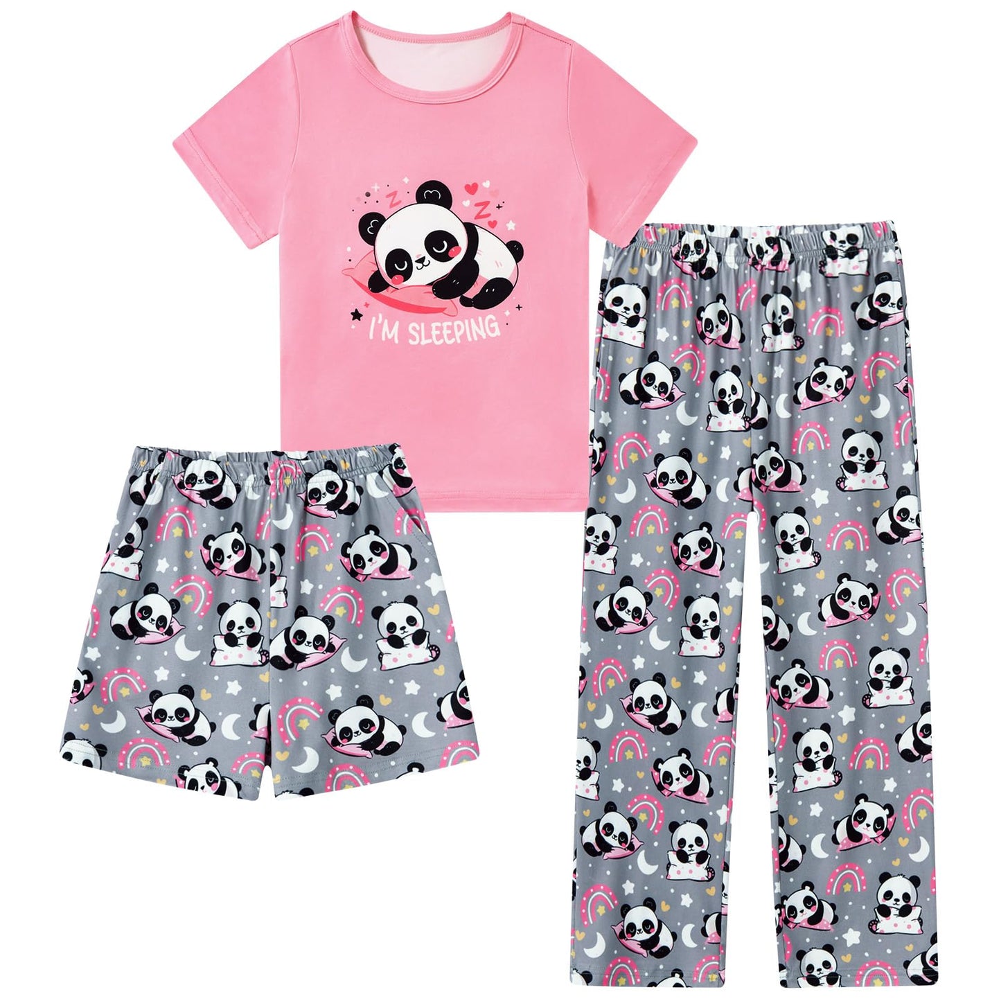 Funnycokid Girls Pajamas Kids 3 Piece Pjs Set Summer Short Sleeve Jammies with Pockets 5-14 Years