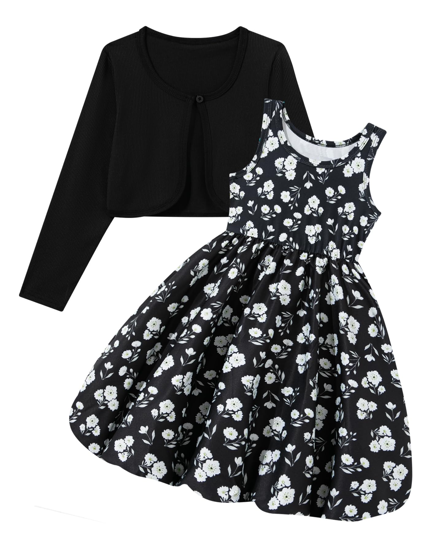 RAISEVERN 7-14Y Girls Bubble Dress with Pockets and Cardigan 2 Piece Set | Tween Trendy Clothes, Kids Graduation Dresses for Girl, Skin-Friendly Fabric, Ideal for Gift, Picture Day Outfits for School