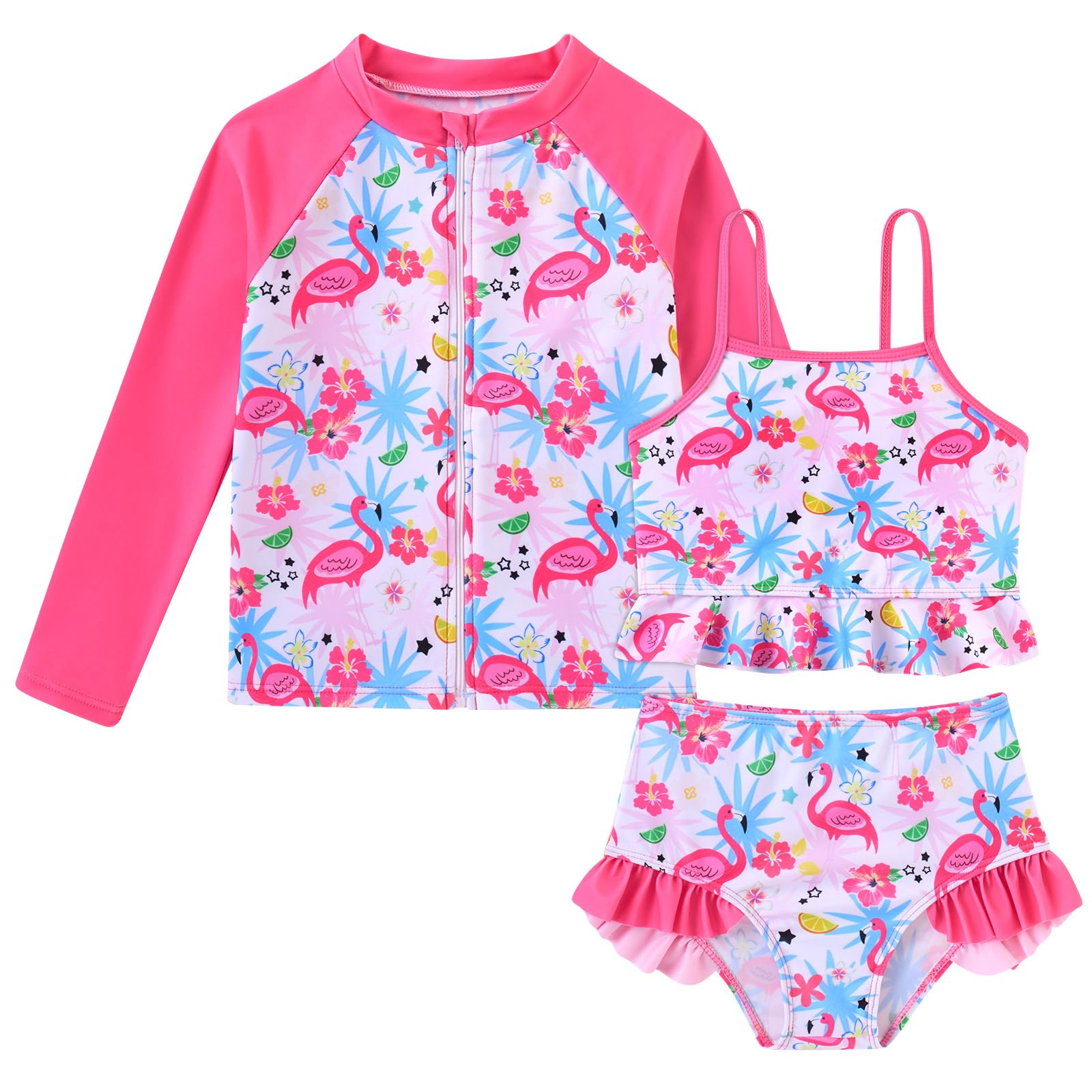 Funnycokid Girls Swimsuit Kids Bathing Suit 3-7 Years Rashguard Swimwear Long Sleeve 3 Piece Toddler