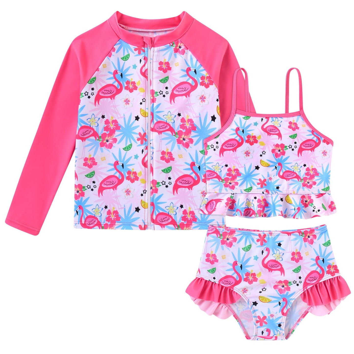 Funnycokid Girls Swimsuit Kids Bathing Suit 3-7 Years Rashguard Swimwear Long Sleeve 3 Piece Toddler