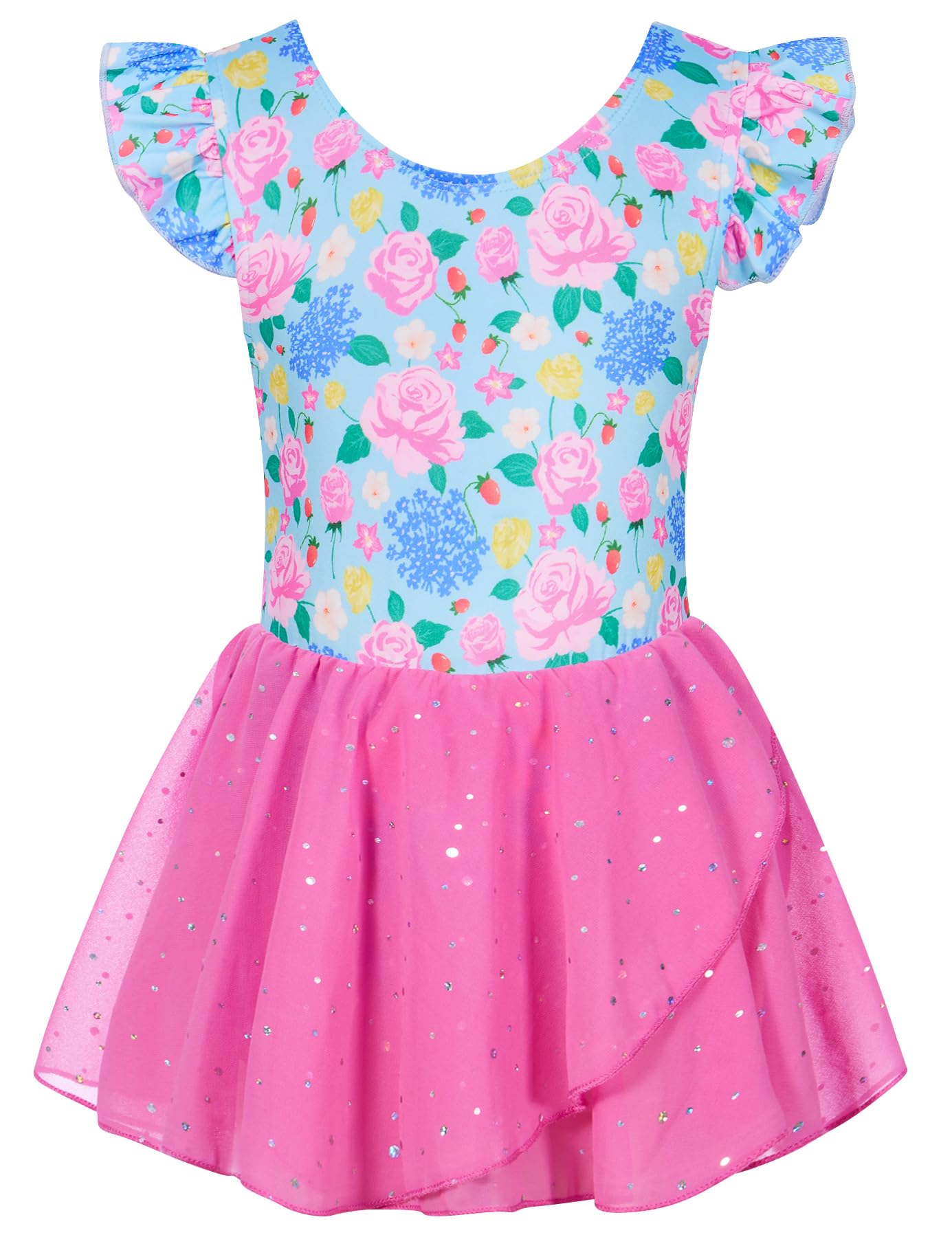 Funnycokid Girls Ruffle Sleeve Ballet Dance Leotard with Sparkly Chiffon Skirted Ballerina Outfit 2-9 Years