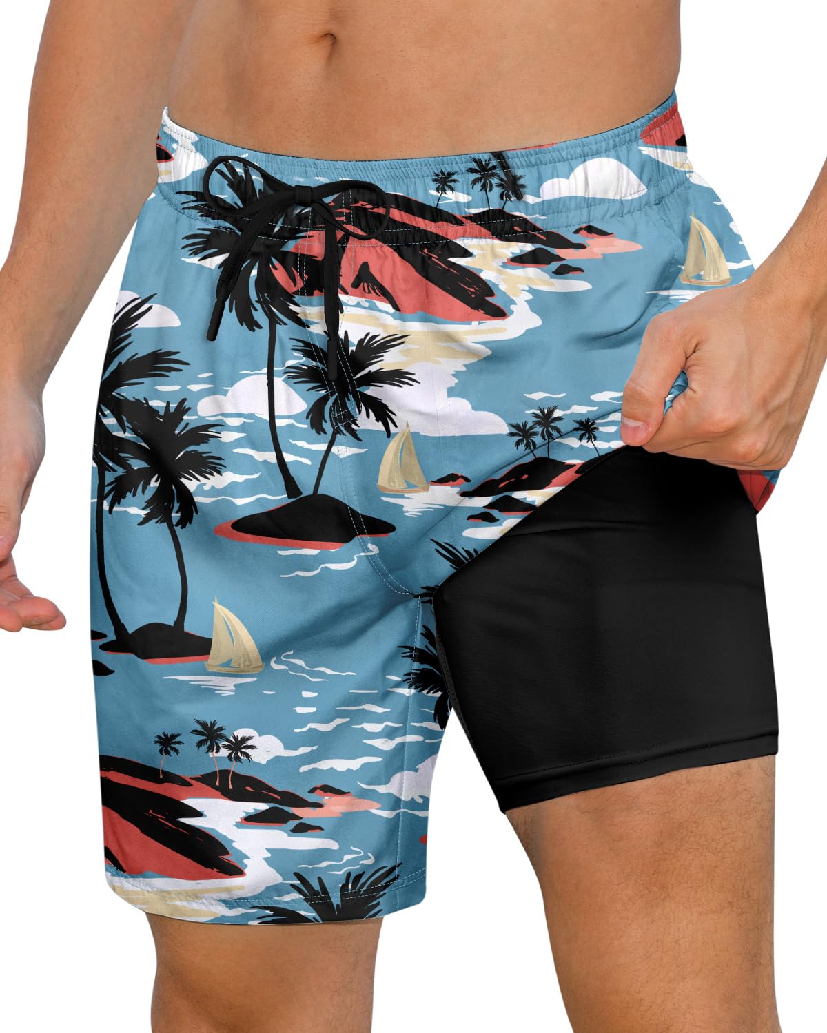 Cozople Mens Swimming Trunks with Compression Liner Swim Shorts 7 inch Quick Dry Bathing Suit Anti Chafe Boardshorts