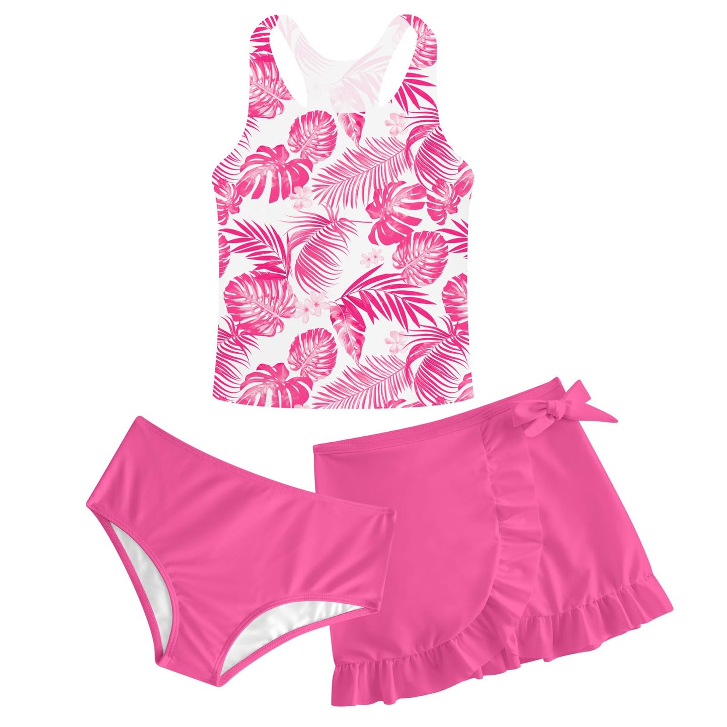 Girls Swimsuits 3 Piece Tankini Bathing Suit Set Cute Bikini Swimwear with Cover Ups Beach Skirt 5-16 Years