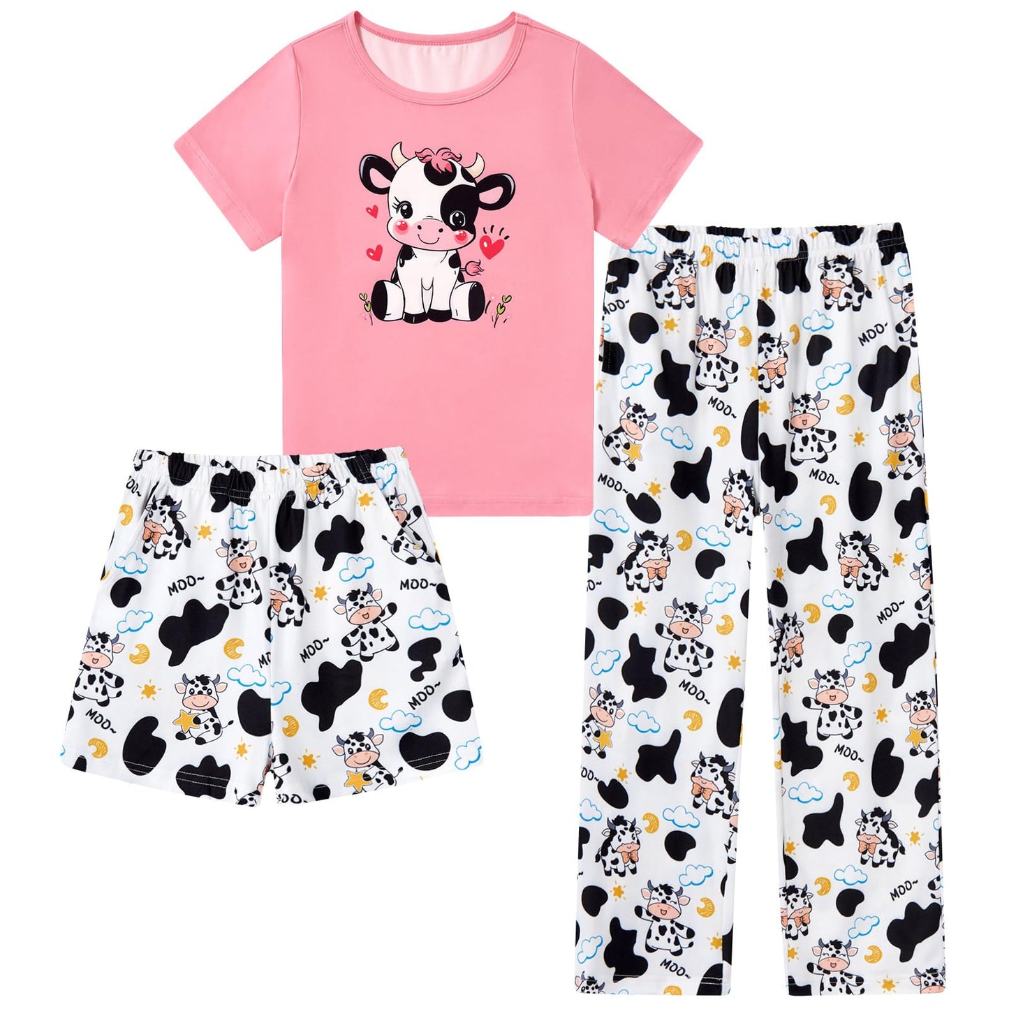 Funnycokid Girls Pajamas Kids 3 Piece Pjs Set Summer Short Sleeve Jammies with Pockets 5-14 Years