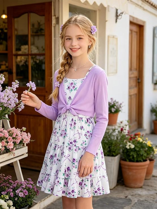 Girls Soft Stretchy Knit Cardigan,Shirred Back A-Line Dress,Picture Day Outfits for School,Tween Girls Trendy Clothes 7-14Y