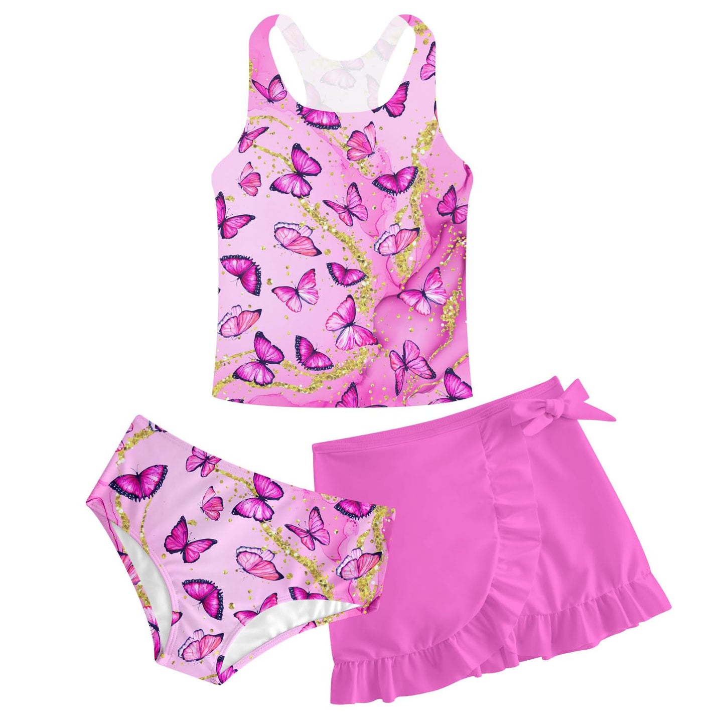 Girls Swimsuits 3 Piece Tankini Bathing Suit Set Cute Bikini Swimwear with Cover Ups Beach Skirt 5-16 Years