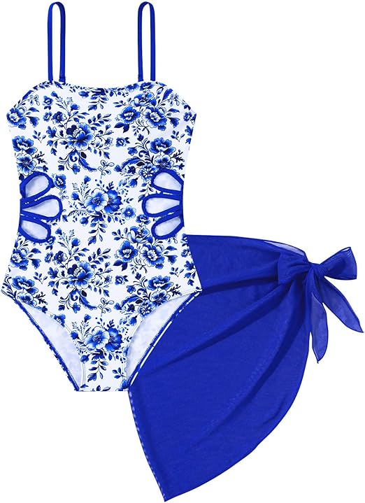 Girls Swimsuit Cut Out One Piece Bathing Suit Adjustable Straps Swimwear with Cover Up Skirt Size 9-16