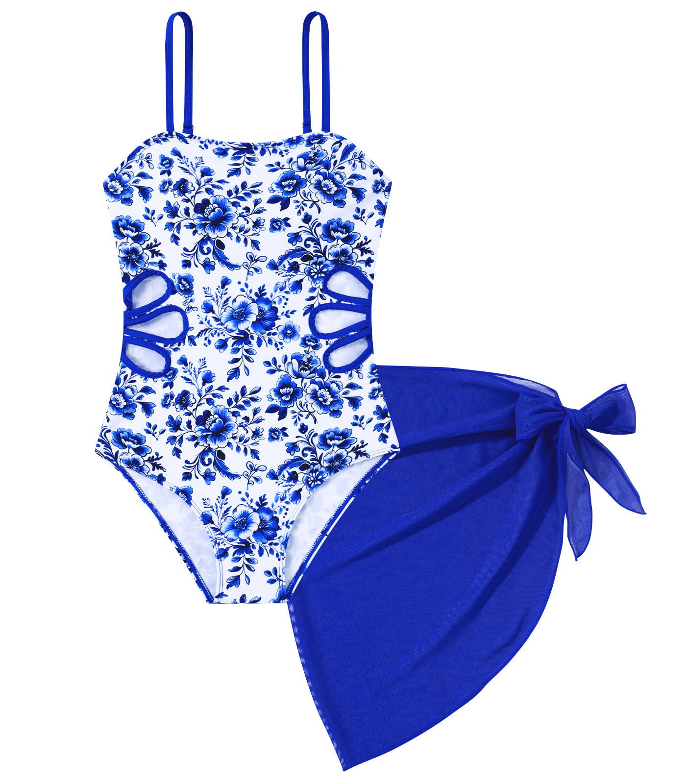 Girls Swimsuit Cut Out One Piece Bathing Suit Adjustable Straps Swimwear with Cover Up Skirt Size 9-16