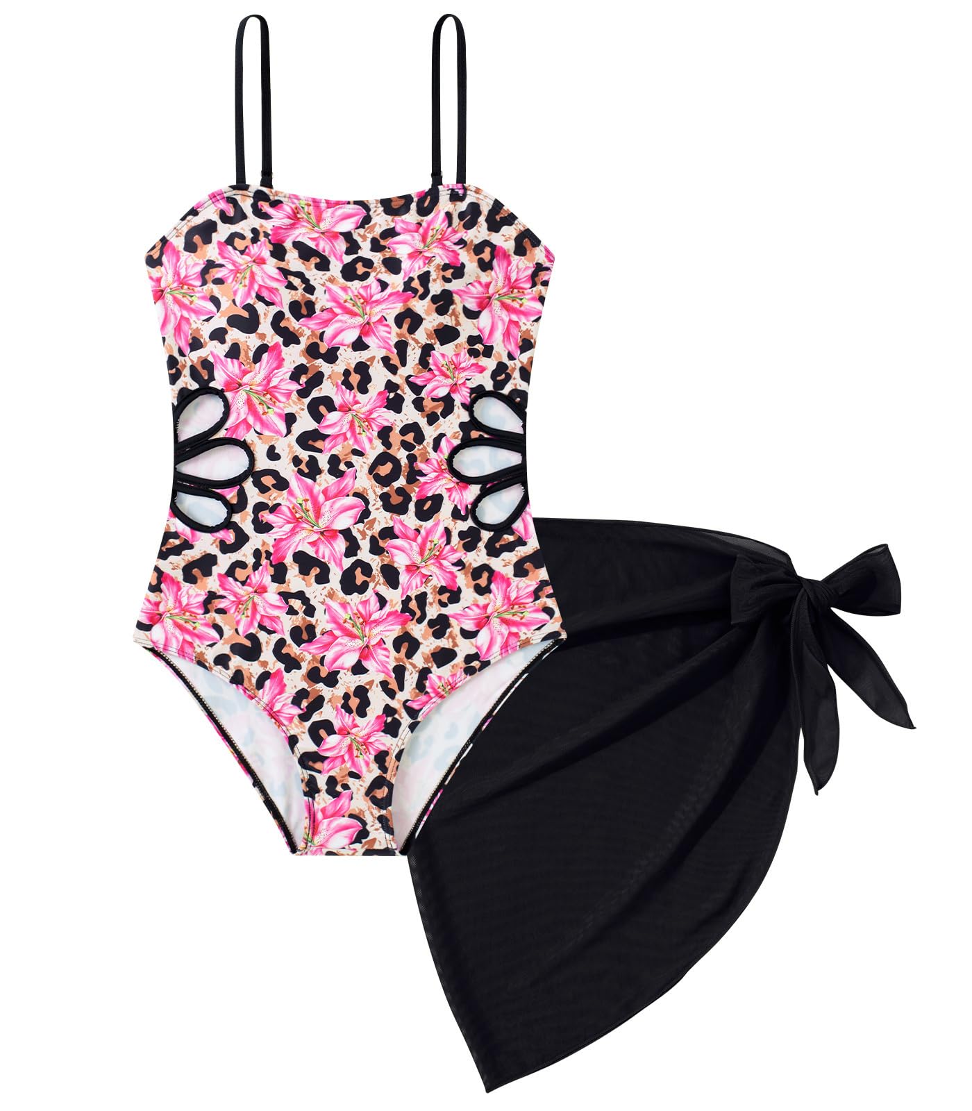 Girls Swimsuit Cut Out One Piece Bathing Suit Adjustable Straps Swimwear with Cover Up Skirt Size 9-16