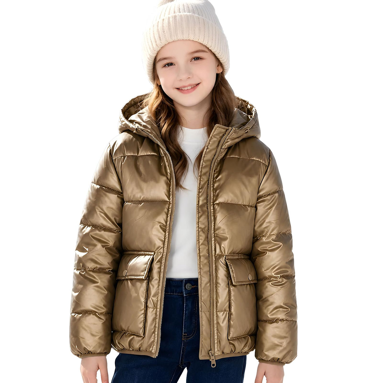 Funnycokid Girls Winter Coat Metallic Shiny Hooded Puffer Jacket 7-14Y