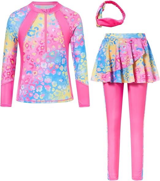 Girls Long Sleeve Rashguard Half Zip Swimsuits UPF 50+ Two Piece Swim Sets with Hairband 5-12Y