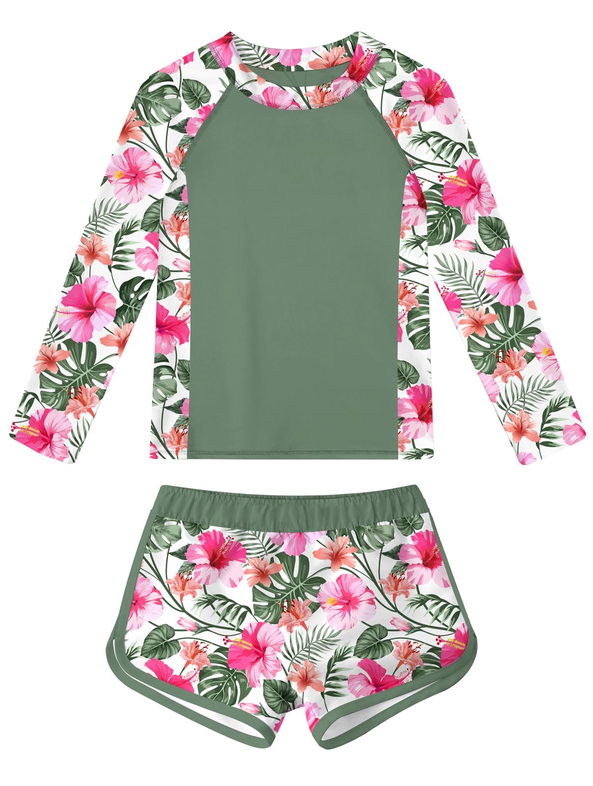 Idgreatim Girls Rash Guard Swimsuit Teens Two Piece Bathing Suit Long Sleeve Swimwear Size 7-16T