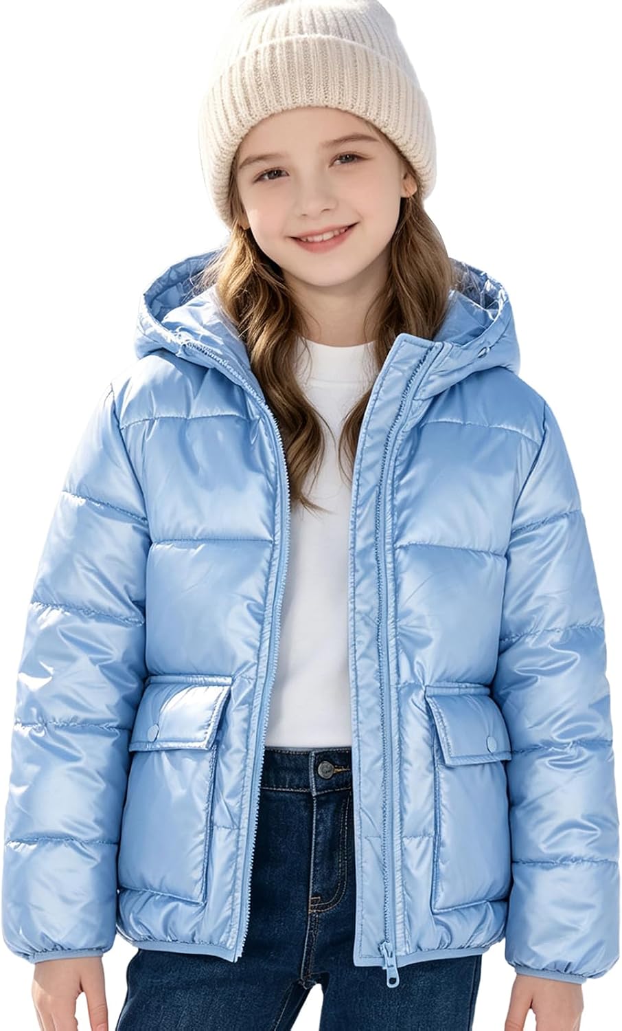 Funnycokid Girls Winter Coat Metallic Shiny Hooded Puffer Jacket 7-14Y