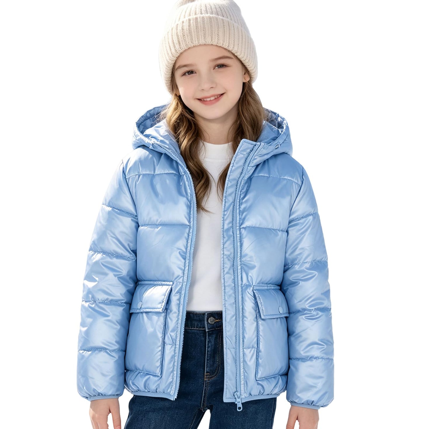 Funnycokid Girls Winter Coat Metallic Shiny Hooded Puffer Jacket 7-14Y