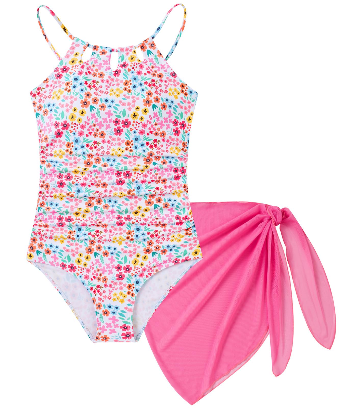 Girls Swimsuit One-Piece Bathing Suit with Mesh Cover Ups Adjustable Straps Cut Out Swimwear Size 7-16
