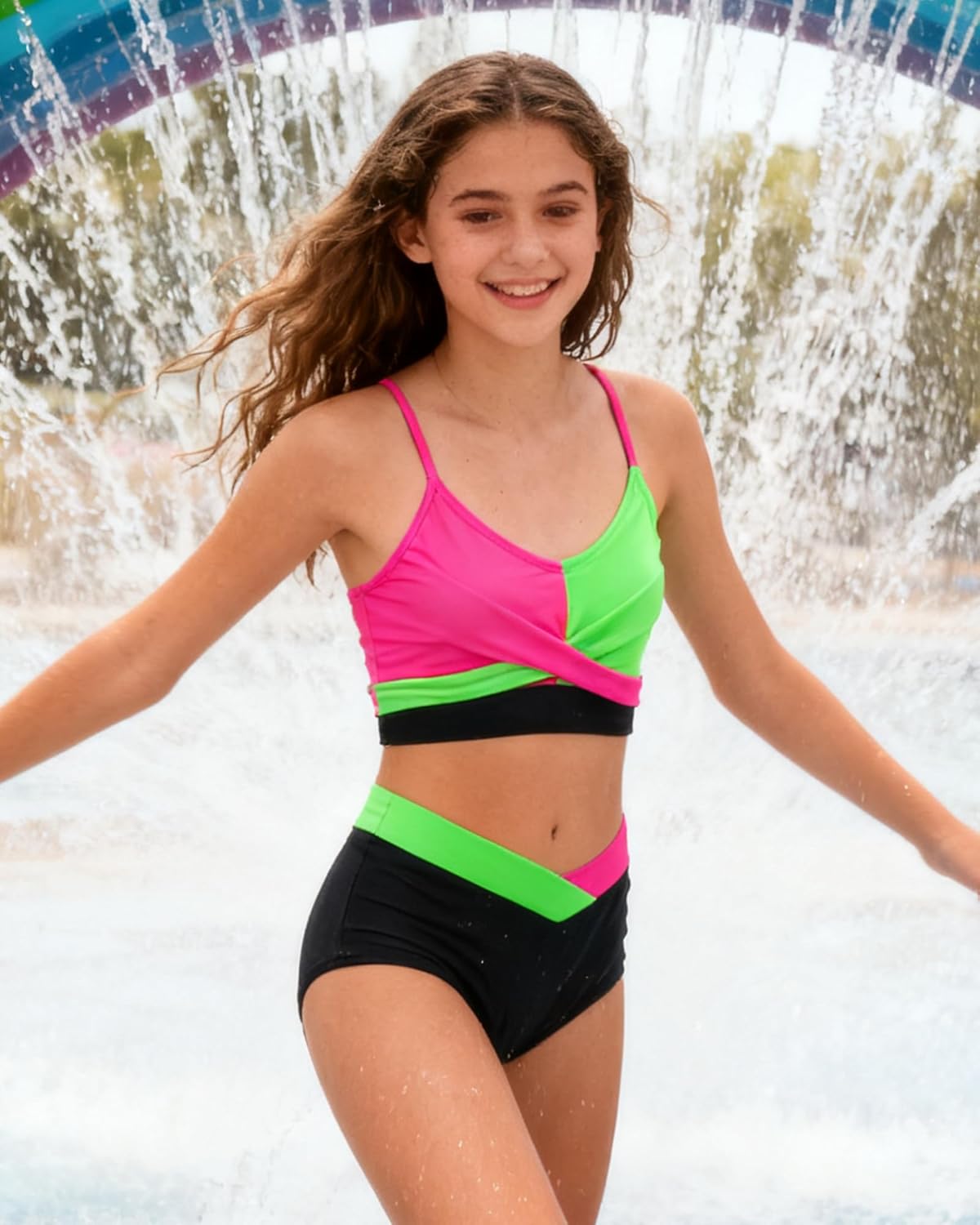 Teen Girls Swimsuit Size 9-16 Two Pieces Bikini Sets with Chest Pad Bathing Suit Color Block Swimwear