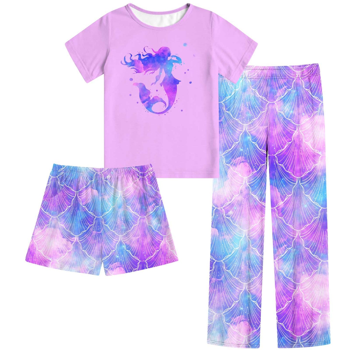 Funnycokid Girls Pajamas Kids 3 Piece Pjs Set Summer Short Sleeve Jammies with Pockets 5-14 Years