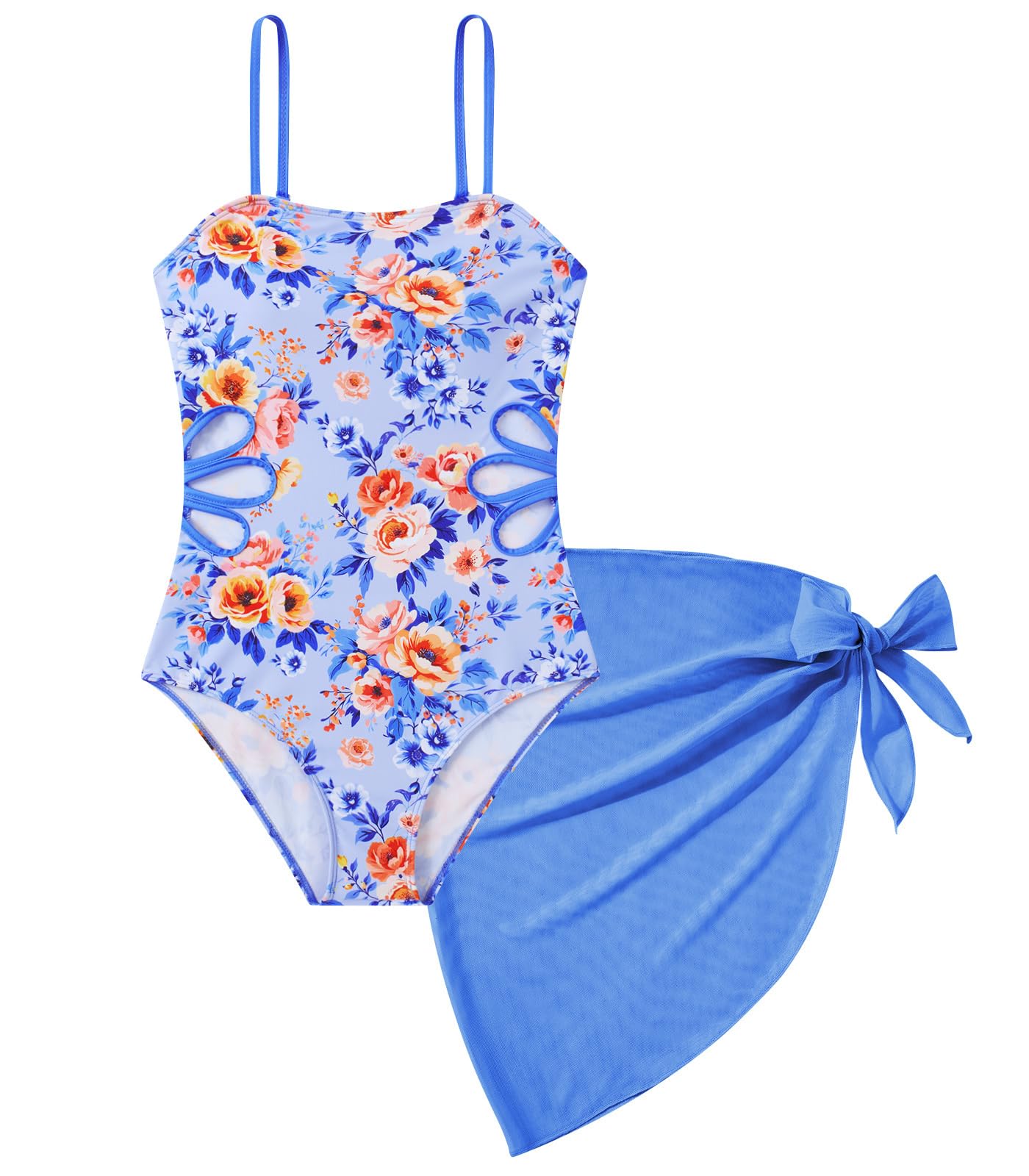 Girls Swimsuit Cut Out One Piece Bathing Suit Adjustable Straps Swimwear with Cover Up Skirt Size 9-16