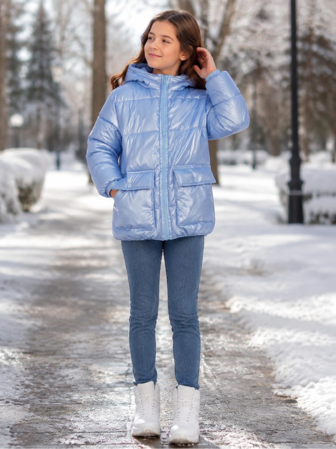 Funnycokid Girls Winter Coat Metallic Shiny Hooded Puffer Jacket 7-14Y