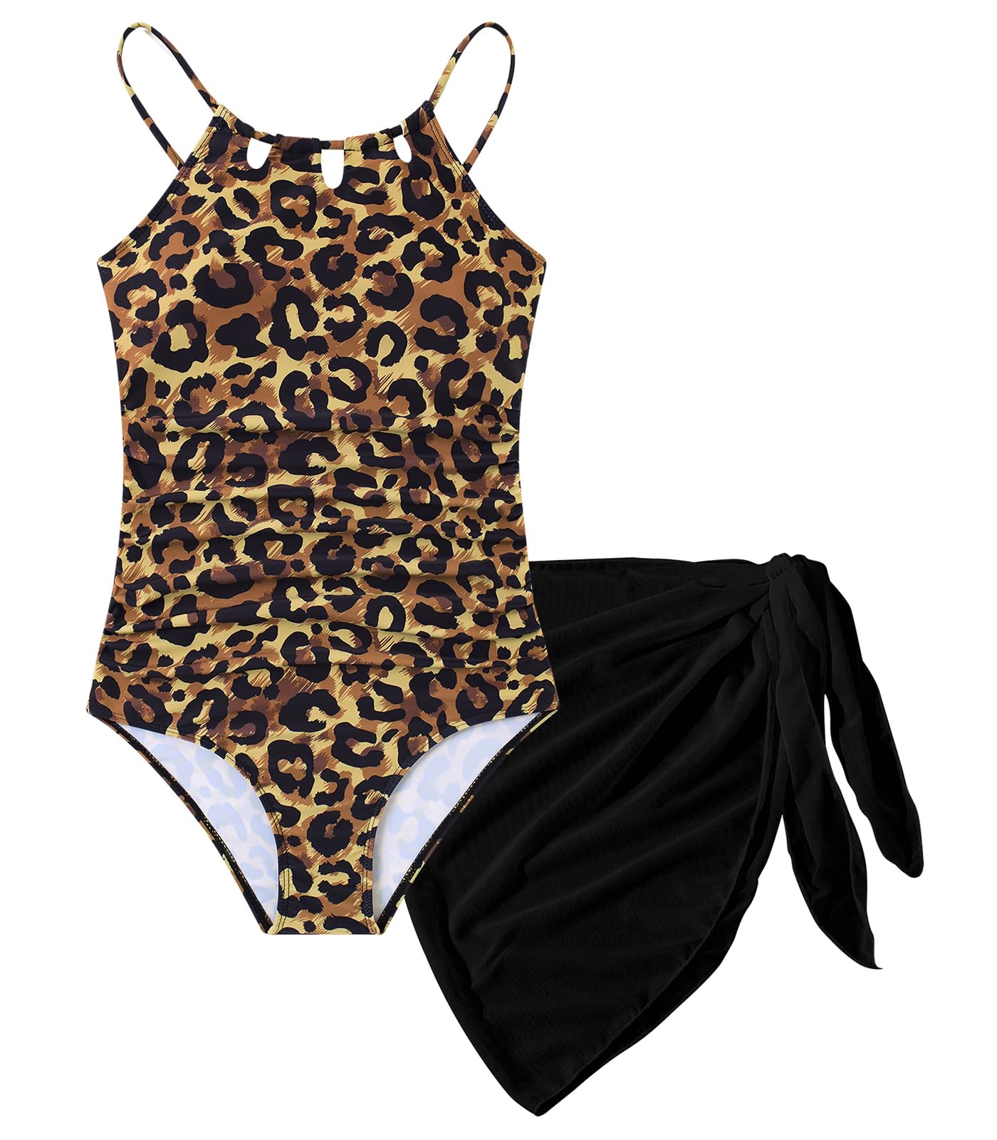 Girls Swimsuit One-Piece Bathing Suit with Mesh Cover Ups Adjustable Straps Cut Out Swimwear Size 7-16