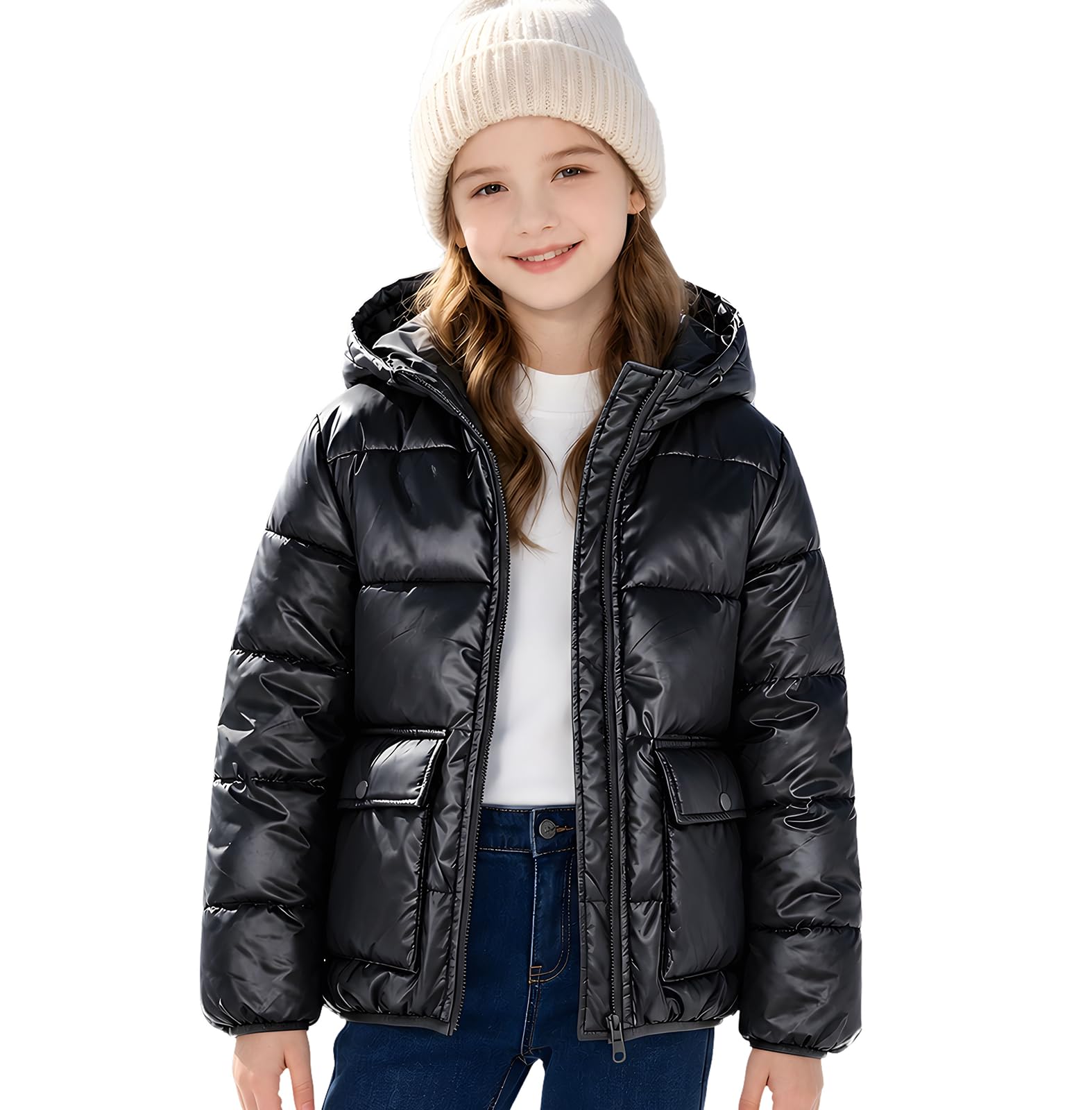 Funnycokid Girls Winter Coat Metallic Shiny Hooded Puffer Jacket 7-14Y